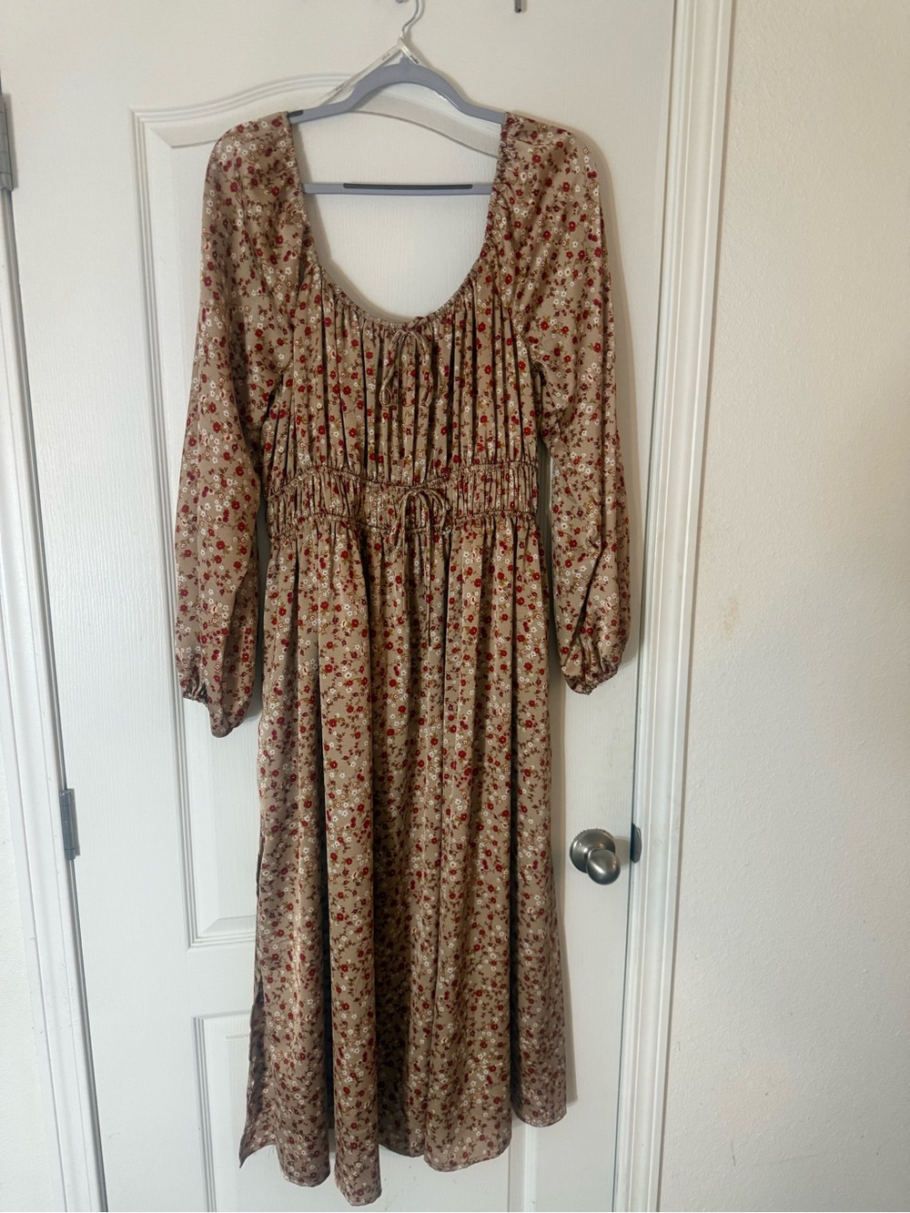 ARULA Beige Maxi Dress with Red Floral Print
